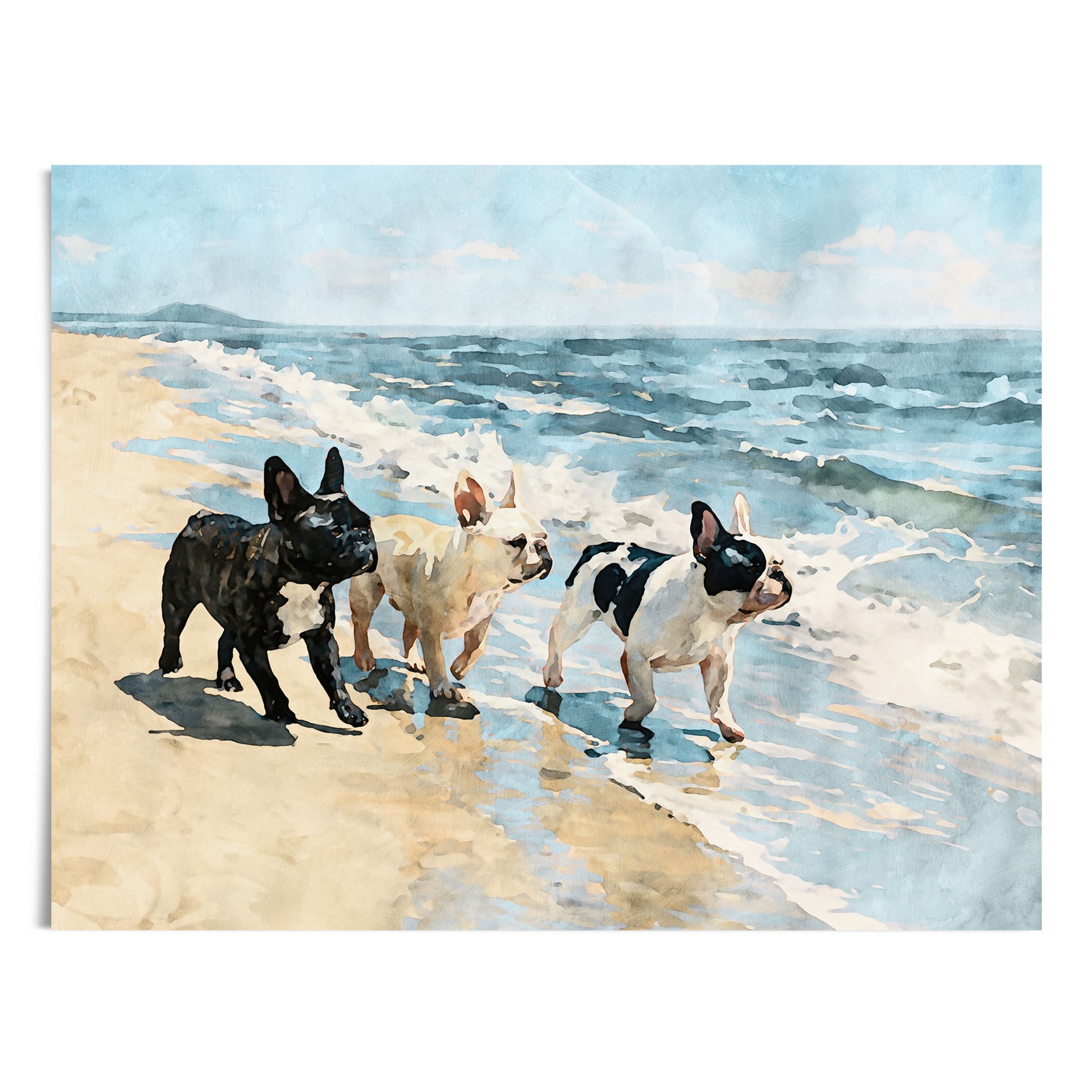 Digital watercolor artwork of three French Bulldogs walking together on a sandy beach with blue waves and white surf.
