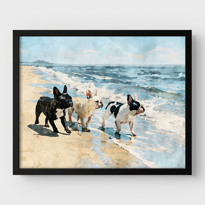 Three French Bulldogs beach watercolor art print with blue ocean waves and tan sand displayed in a black frame.