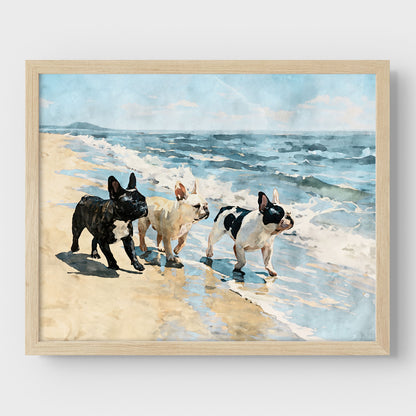 Framed artwork of three dogs on a beach with ocean waves.