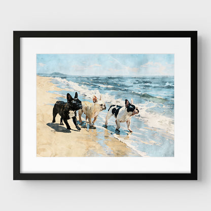 Matted black frame display of a three French Bulldogs beach watercolor print with blue waves and tan sand.