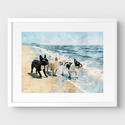 Matted white frame featuring three French Bulldogs on a beach in blue, tan, cream, black, and white tones.