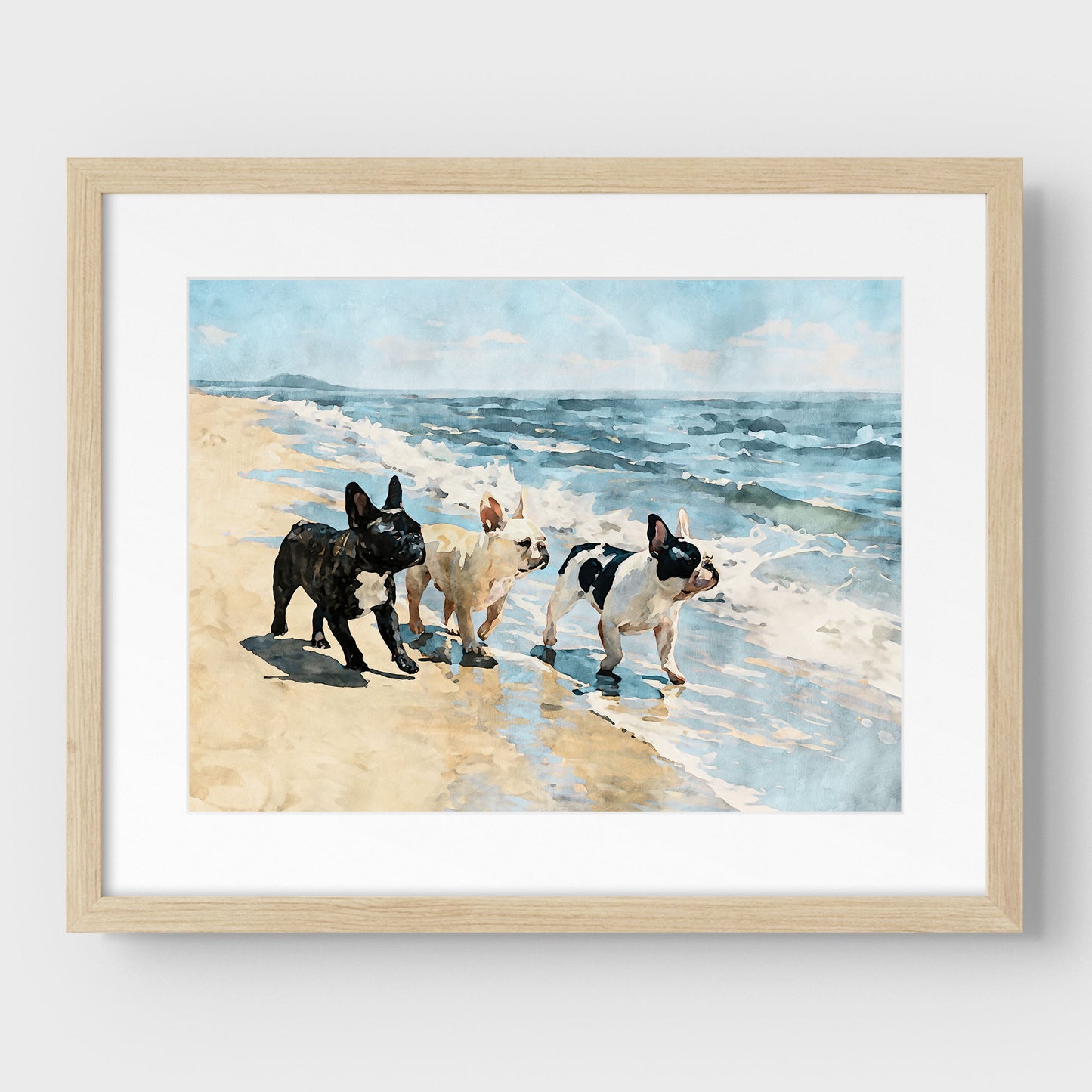 Matted natural wood frame with three French Bulldogs beach watercolor art and soft coastal colors.