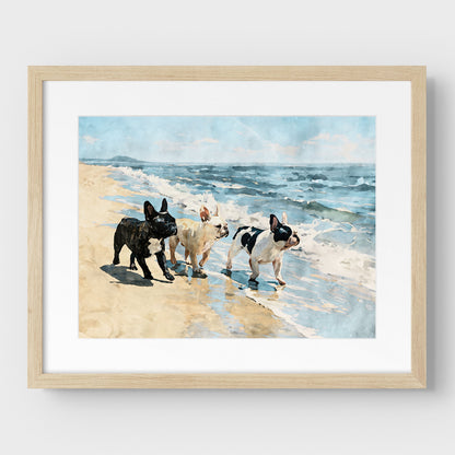 Matted natural wood frame with three French Bulldogs beach watercolor art and soft coastal colors.