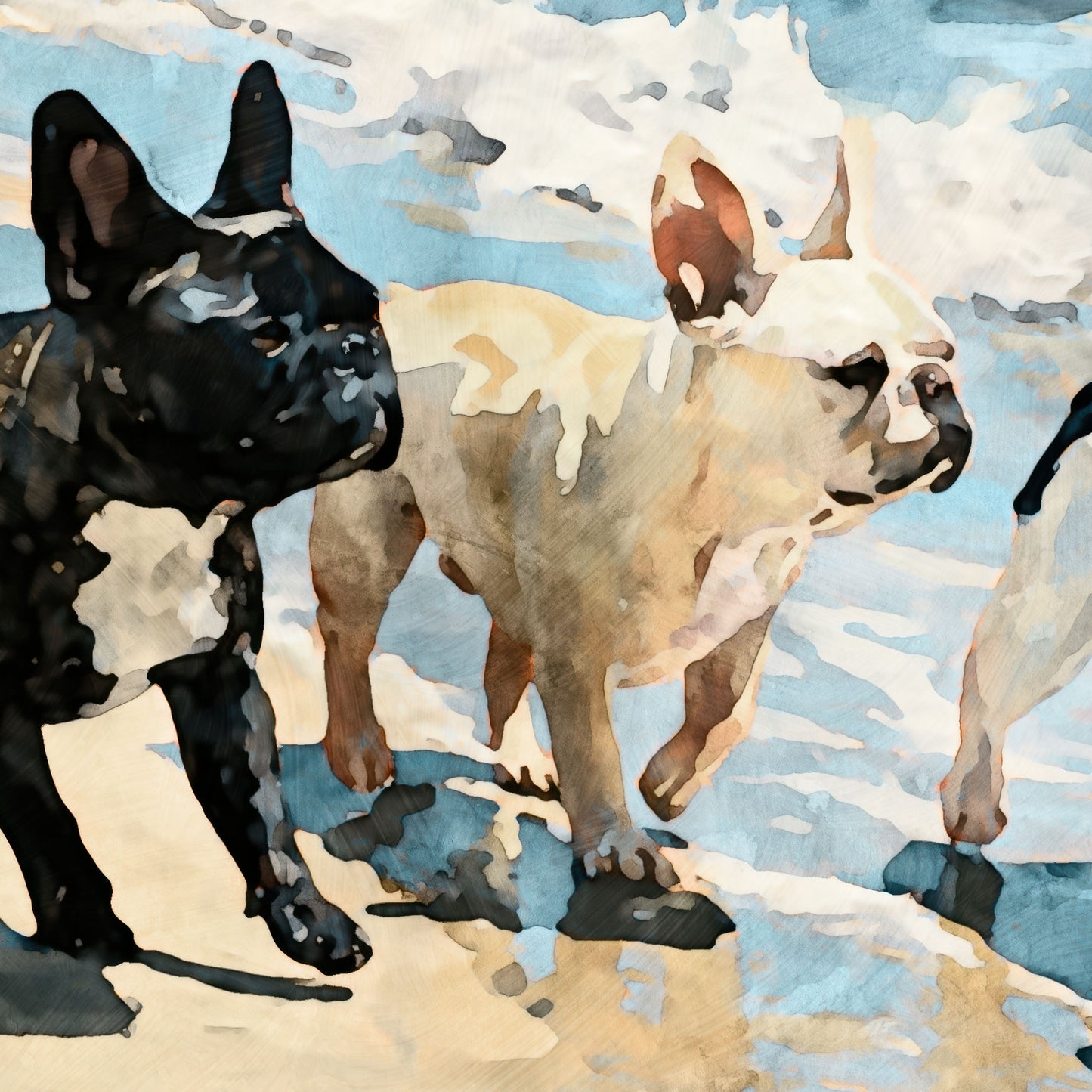 Close-up detail of three French Bulldogs in digital watercolor with brindle, cream, and pied coats on a beach.