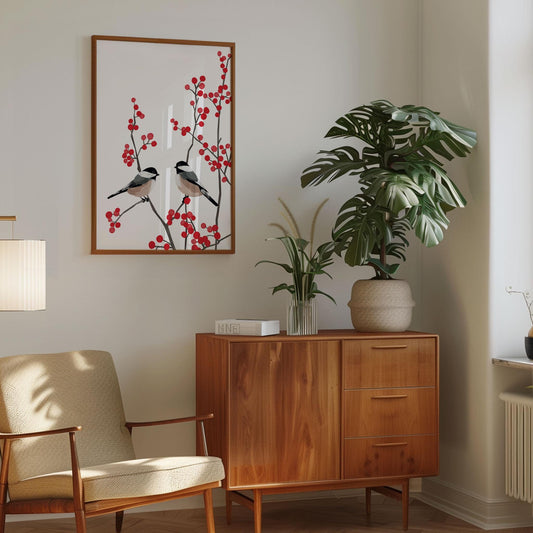 Framed minimalist art print of two chickadees perched on red berry branches, displayed in a mid-century modern living room. The print hangs above a walnut sideboard topped with a large potted monstera plant and a vase of grasses. Warm sunlight filters across a beige armchair and wood floor, creating a cozy, natural atmosphere with Scandinavian-inspired decor.