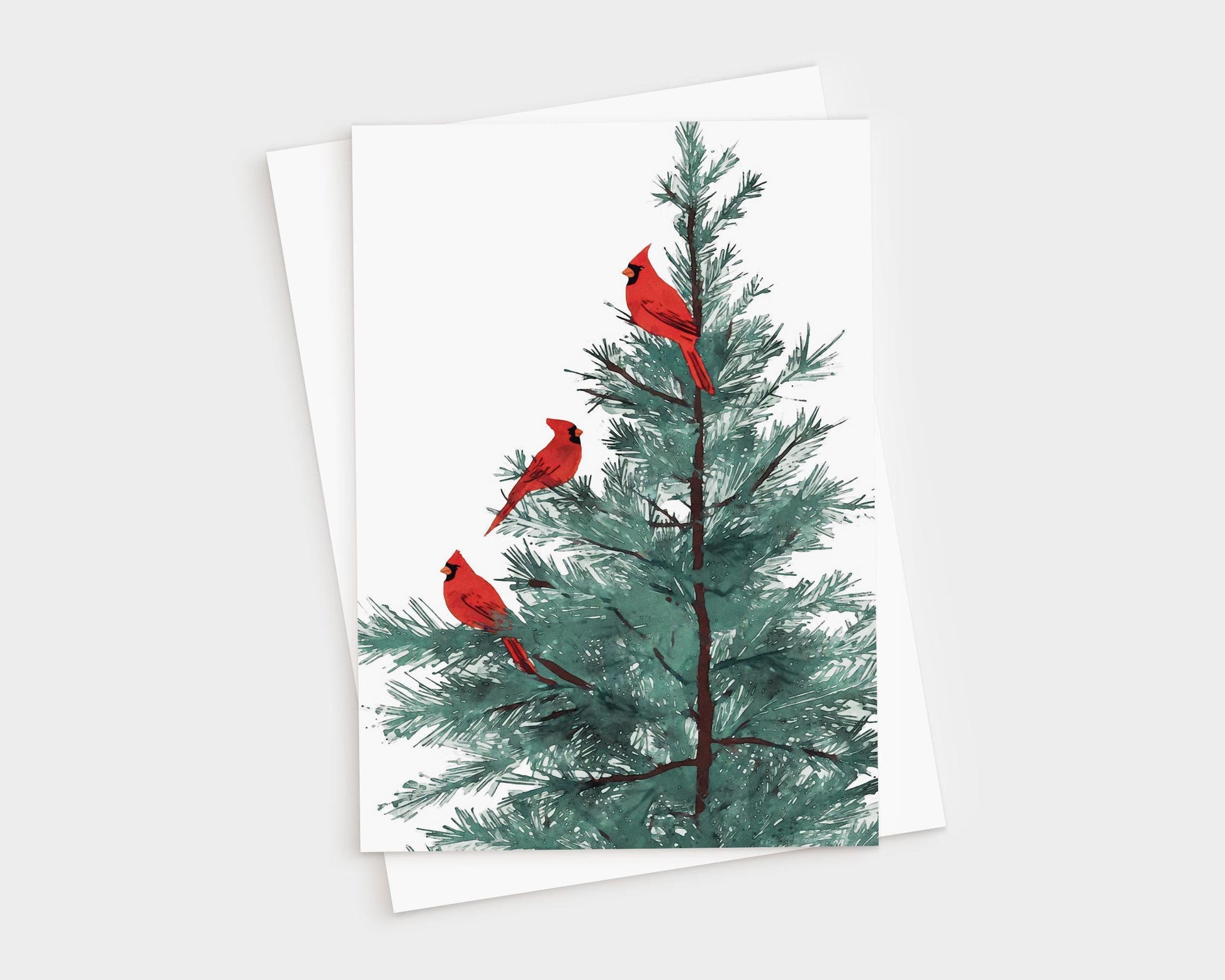 Greeting card featuring an illustration of three bright red cardinals perched on the branches of a green pine tree, set against a clean white background. A white envelope is placed behind the card.