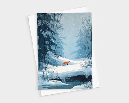 Illustrated winter scene of a red fox walking through a snowy forest. Tall evergreen trees and bare branches frame the background in cool shades of blue, with gentle snowfall and a small frozen stream in the foreground. The art evokes quiet solitude and natural beauty.