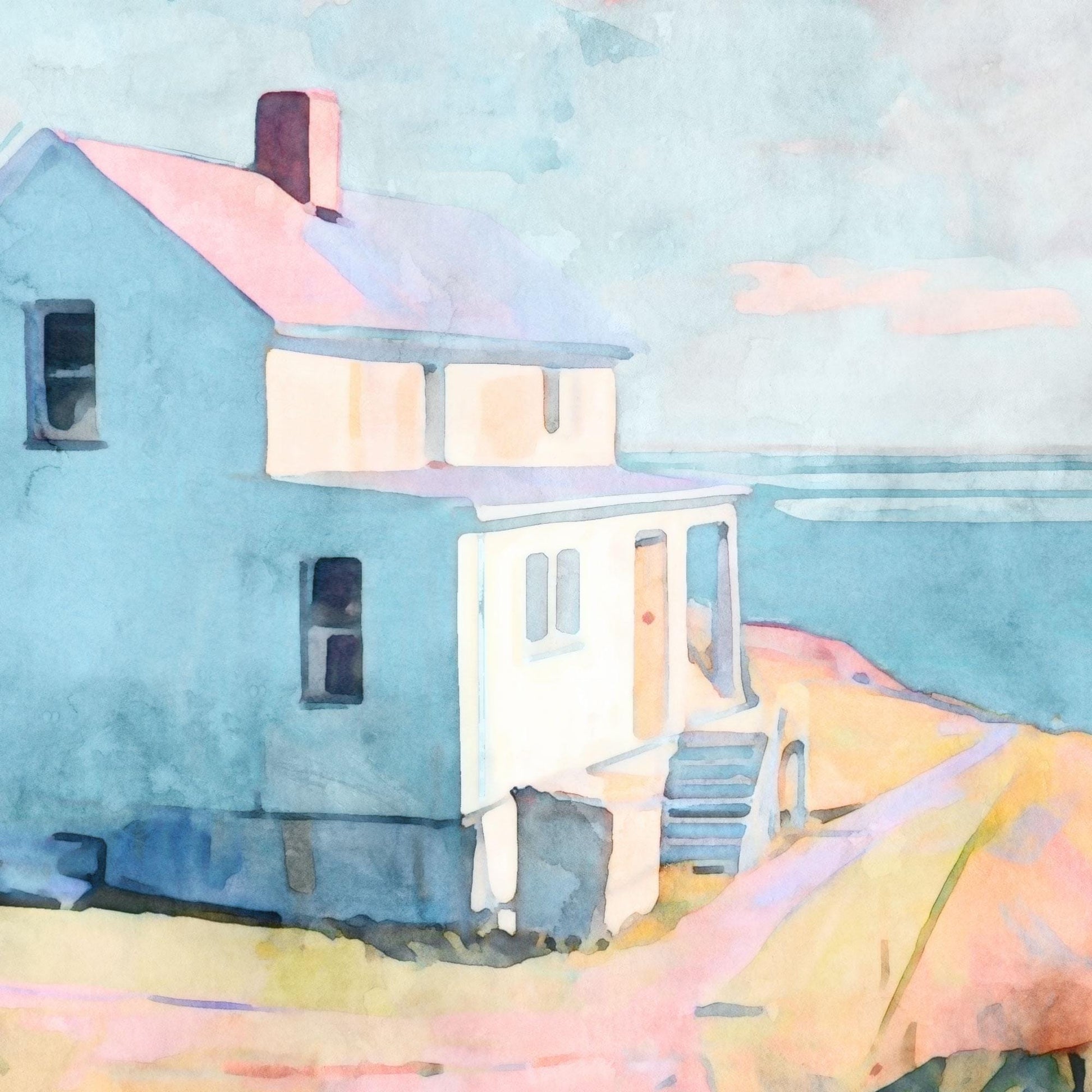 Close-up watercolor painting of a coastal house with pale blue walls, white trim, and a pinkish roof. The house sits on a grassy bluff with stone steps leading down toward the shoreline. Soft pastel shades of blue, pink, and yellow create a dreamy seaside atmosphere, with the calm ocean stretching into the background.