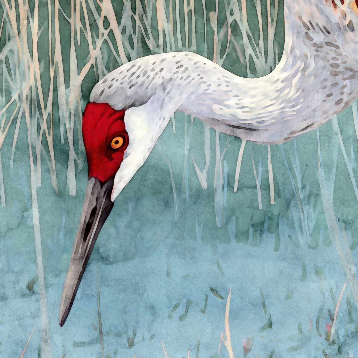 Close-up of a watercolor painting showing the head and neck of a sandhill crane. The bird has a vivid red crown, golden eye, and long pointed beak, with soft gray feathers blending into a marshy blue-green background of grasses.