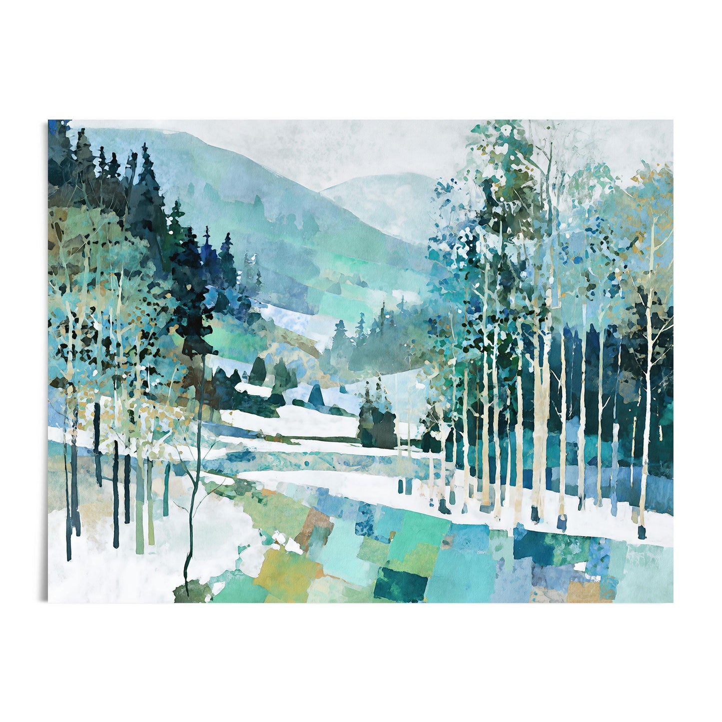 Watercolor-style painting of a snowy mountain forest, featuring tall birch trees with slender trunks and clusters of evergreens. The landscape is layered in soft blues, teals, and greens, with geometric patchwork textures in the foreground and misty hills fading into the background. Rendered in a modern impressionist style with abstract brushwork.