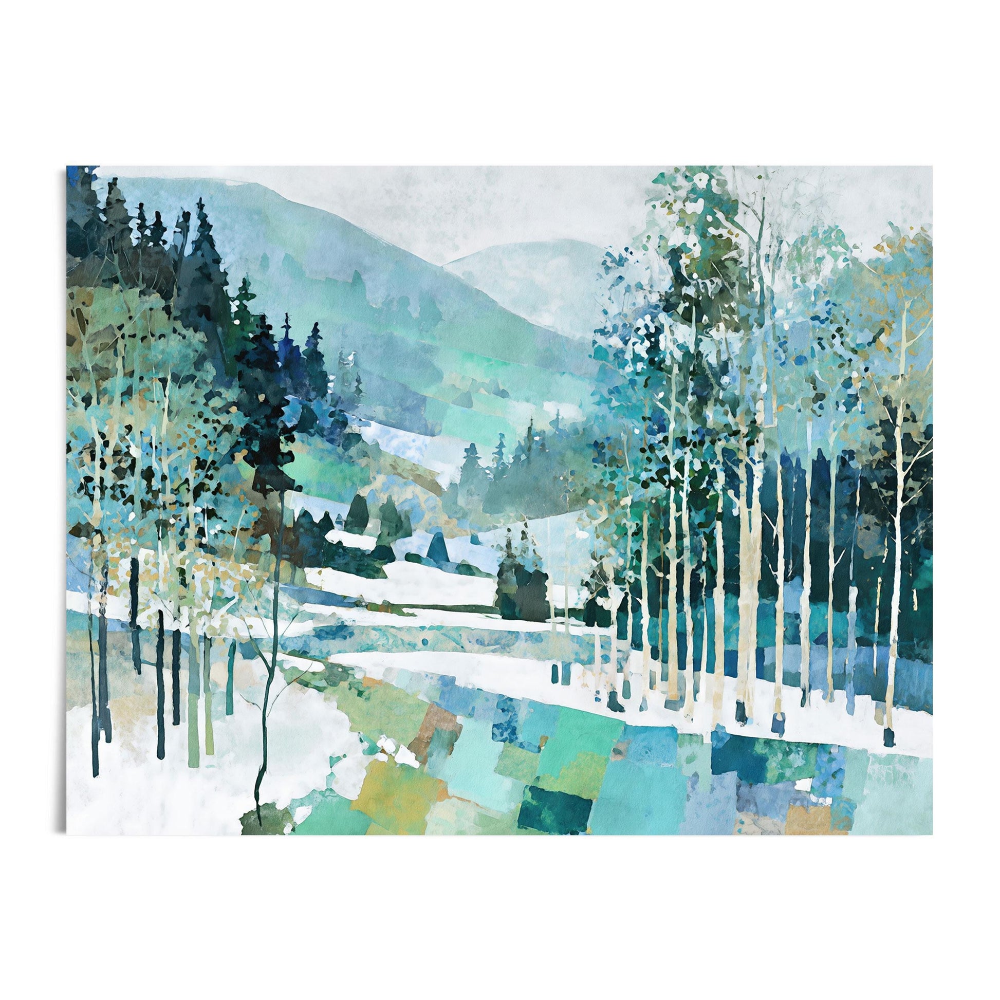 Watercolor-style painting of a snowy mountain forest, featuring tall birch trees with slender trunks and clusters of evergreens. The landscape is layered in soft blues, teals, and greens, with geometric patchwork textures in the foreground and misty hills fading into the background. Rendered in a modern impressionist style with abstract brushwork.