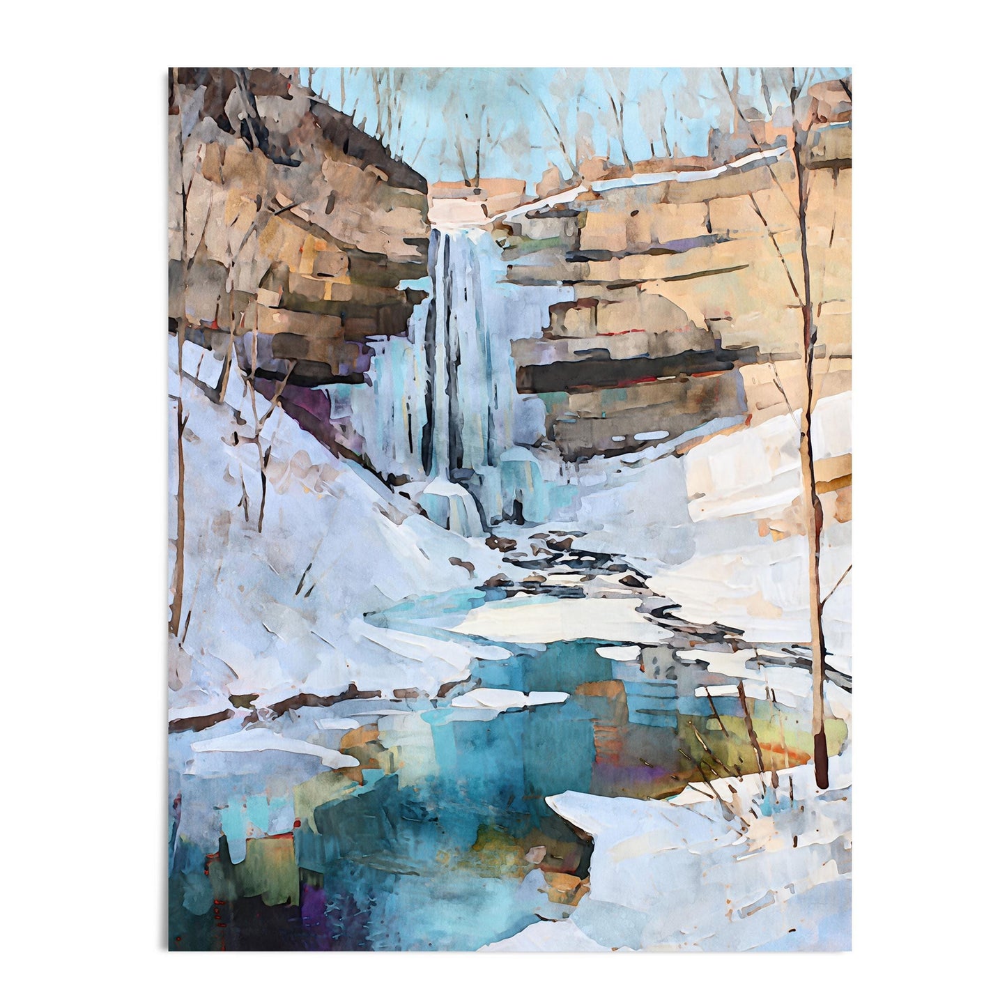 Watercolor painting of a frozen waterfall surrounded by rocky cliffs, snow-covered ground, and a turquoise pool below, with bare trees against a pale blue winter sky.