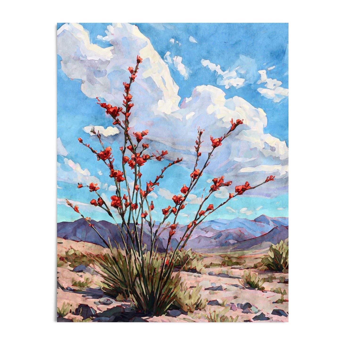 Watercolor painting of a desert scene featuring a tall ocotillo plant with vivid red blossoms under a bright blue sky filled with billowing white clouds. Purple mountain ranges stretch across the horizon, and sandy desert terrain with sparse greenery fills the foreground.