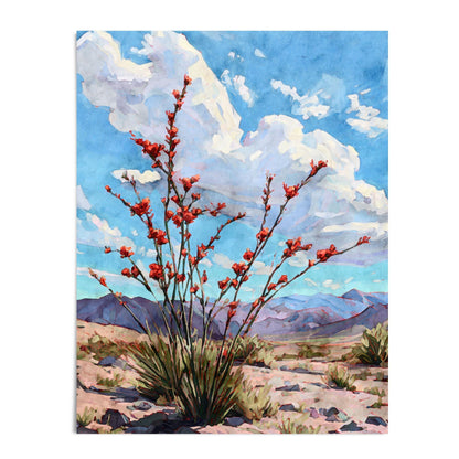 Watercolor painting of a desert scene featuring a tall ocotillo plant with vivid red blossoms under a bright blue sky filled with billowing white clouds. Purple mountain ranges stretch across the horizon, and sandy desert terrain with sparse greenery fills the foreground.
