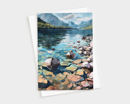 Watercolor-style illustration of a serene mountain lake with crystal-clear water, smooth rocks in the foreground, forested shoreline, and blue mountains under a partly cloudy sky in the background.
