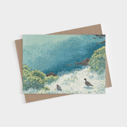 Greeting card featuring an illustrated landscape of two quail walking through soft, textured grass near a blue and green hillside. The background suggests a coastal bluff or meadow, with painterly brush marks and layered color. A kraft brown envelope is partially visible underneath.