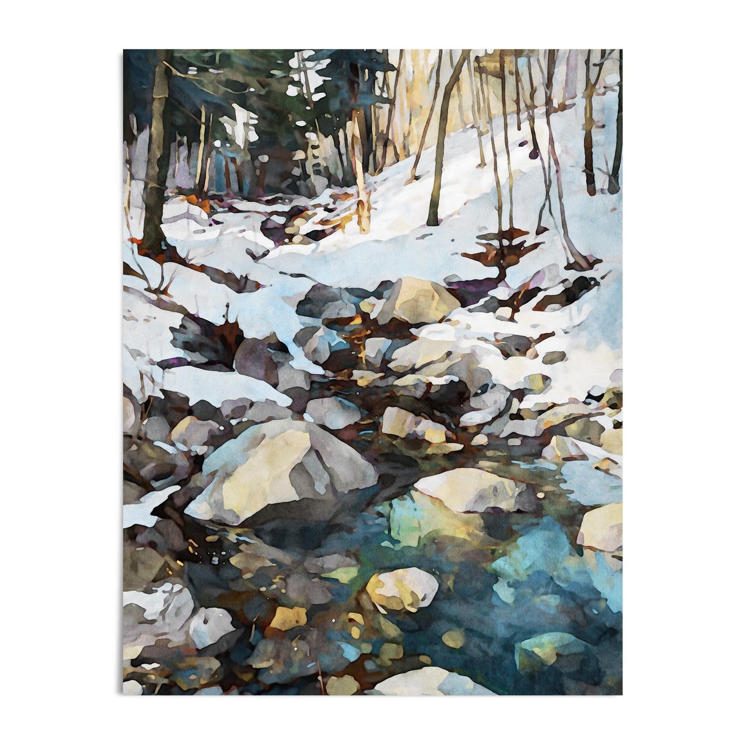 Watercolor-style painting of a snowy forest scene with tall, bare trees and a rocky stream running through the center. The water reflects blue and green tones, contrasting with the snow-covered ground and boulders in soft grays and browns. The artwork has a serene, winter landscape feel.