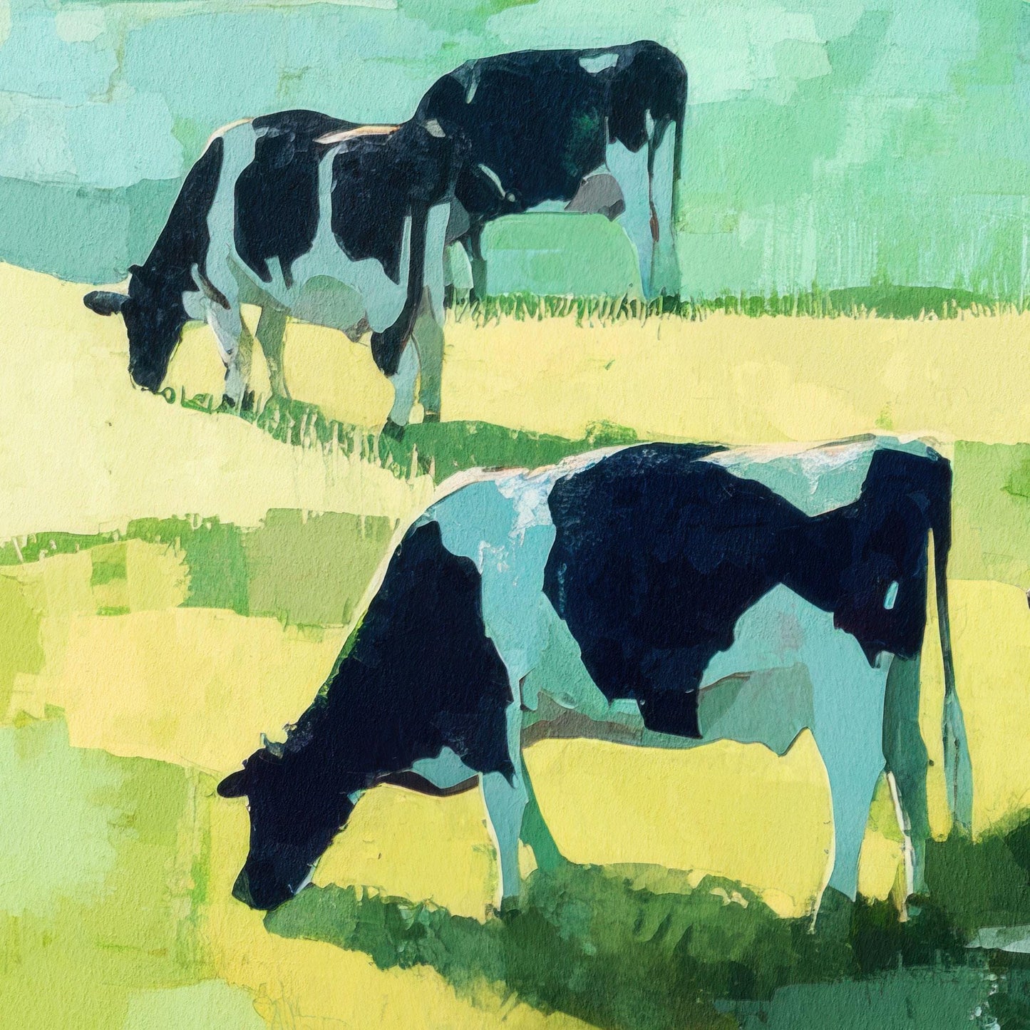 Close-up of a modern impressionist painting showing two black and white cows grazing in a sunlit meadow. Bold brushstrokes in shades of green, yellow, and teal create a textured, painterly effect, highlighting the contrast between the cows’ dark patches and the bright, abstracted pasture.