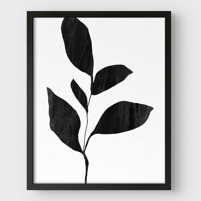 Five Leaf Plant Black and White Botanical Silhouette Painting Print