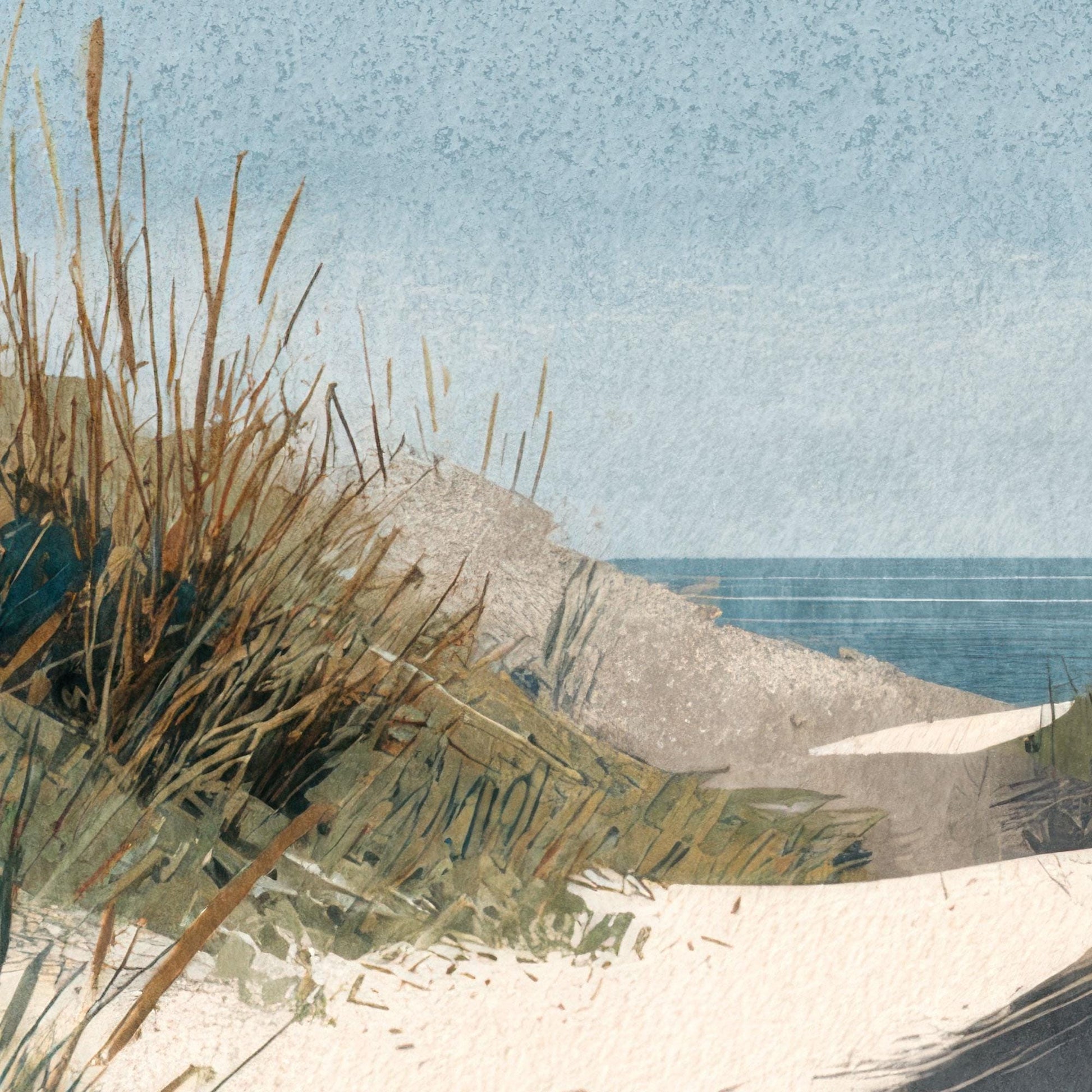 Close-up of a watercolor coastal painting showing sandy dunes with tall grasses, textured brushstrokes, and the blue ocean in the distance beneath a soft sky.