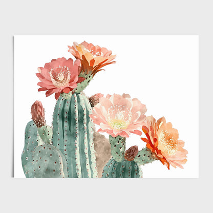 Watercolor illustration of a cactus cluster with large blooming flowers in coral, peach, and orange tones, set against a clean white background.