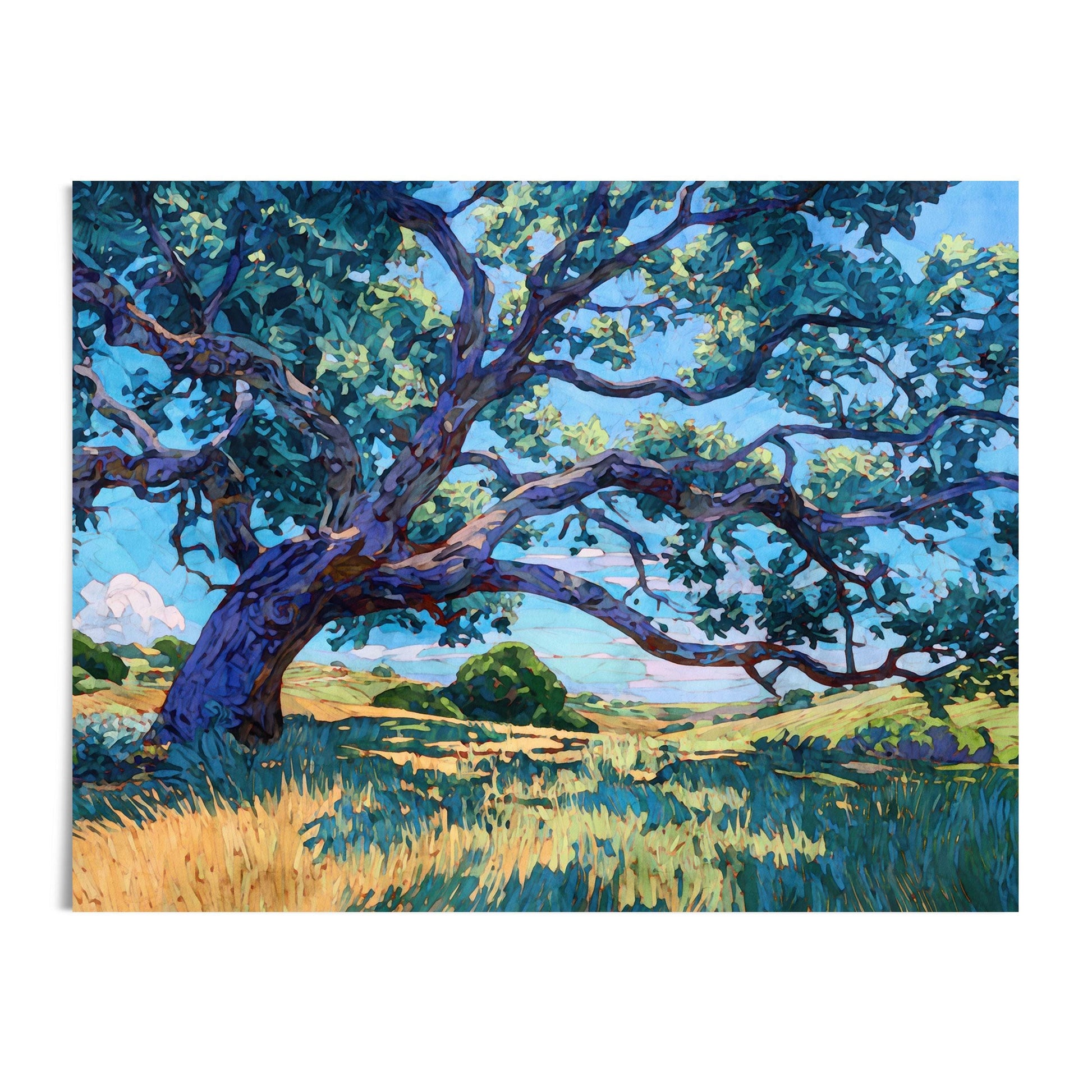Colorful modern impressionist painting of a sprawling Texas oak tree with twisting blue-violet branches and green leaves spreading across a bright sky. The tree stands above golden grasses and rolling green hills beneath a soft blue sky with white clouds, capturing the warmth and vitality of a sunny Texas landscape.