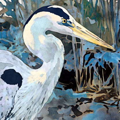 Close-up view of watercolor-style painting of a heron, highlighting its long yellow beak, white and gray feathers, and dark eye markings, set against abstract blue and earthy tones of marsh grasses and water.