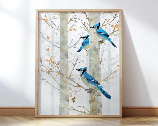 Art print of three vivid blue jays perched on pale birch trunks in a soft, misty woodland. The birds’ bright blues contrast with the muted gray and beige trees, accented by delicate branches and scattered golden leaves. Framed in light wood, the artwork has an airy, serene winter-forest feel.
