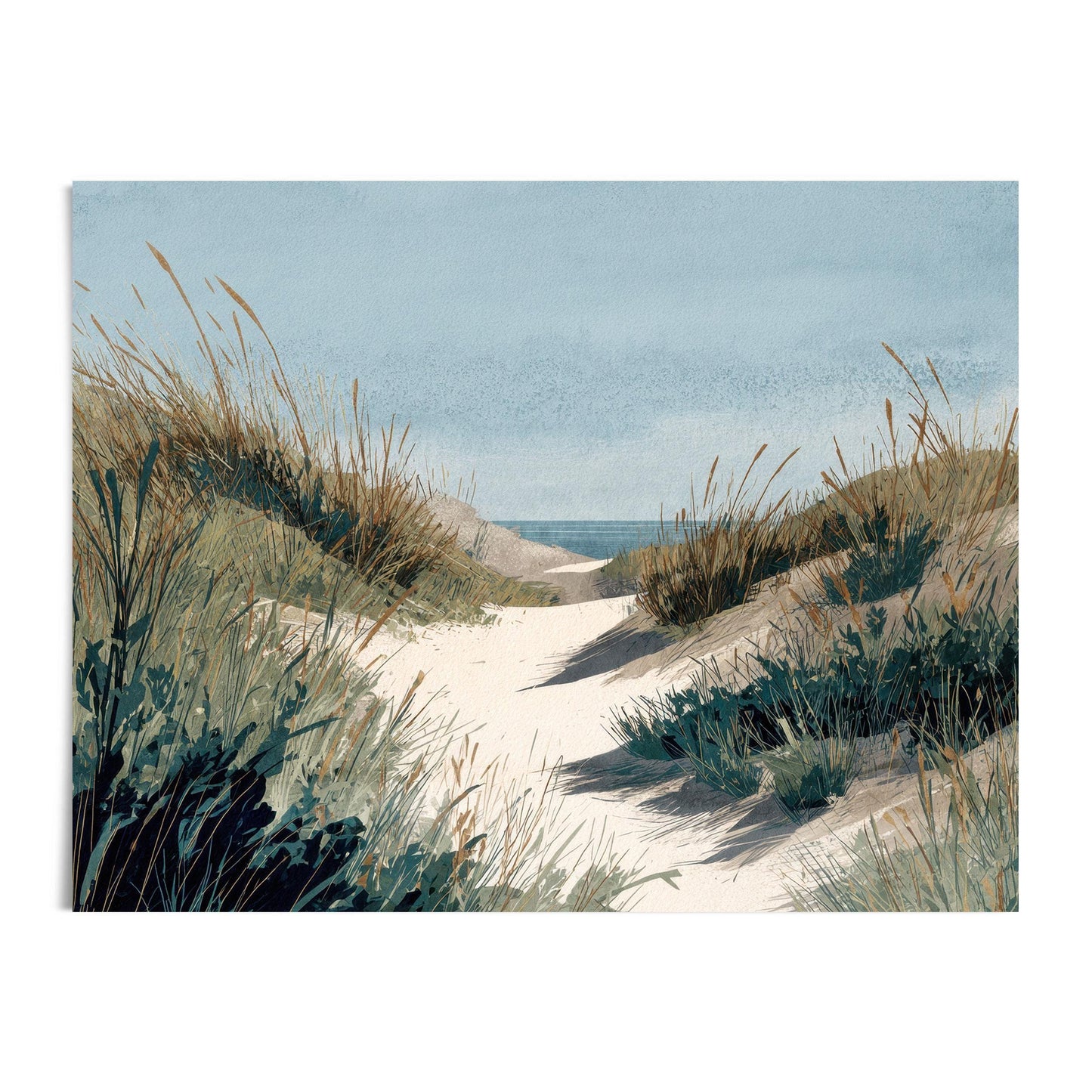 Watercolor coastal landscape print depicting a sandy dune path surrounded by tall grasses leading toward the ocean under a soft blue sky.