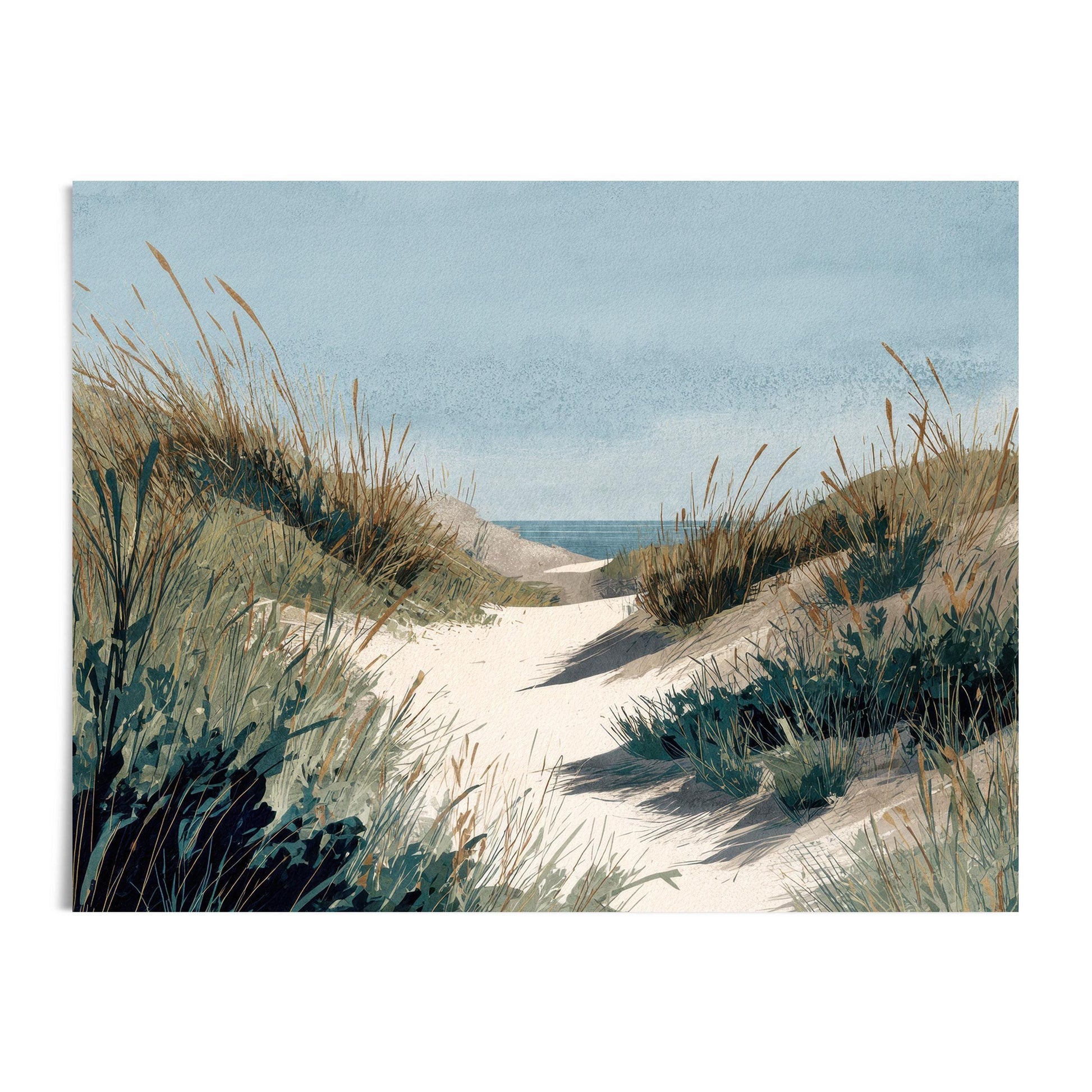 Watercolor coastal landscape print depicting a sandy dune path surrounded by tall grasses leading toward the ocean under a soft blue sky.