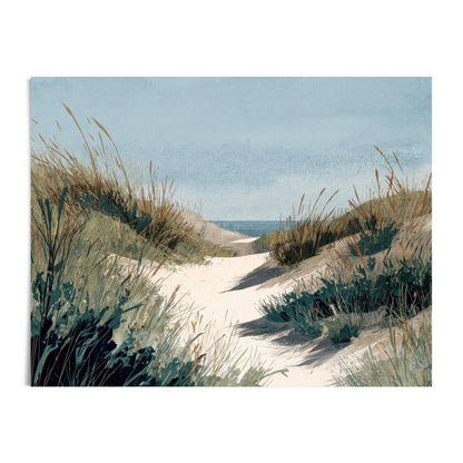 Watercolor coastal landscape print depicting a sandy dune path surrounded by tall grasses leading toward the ocean under a soft blue sky.