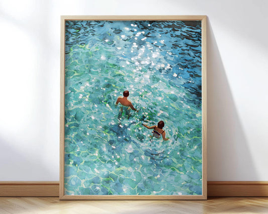 Framed painting of two swimmers seen from above, wading through clear turquoise water with sunlight sparkling on the surface, rendered in a vibrant, impressionistic style.