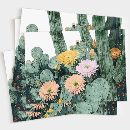 Set of greeting cards featuring a watercolor illustration of cacti with blooming flowers in peach, pink, yellow, and orange tones, layered to show multiple cards stacked together on a white background.