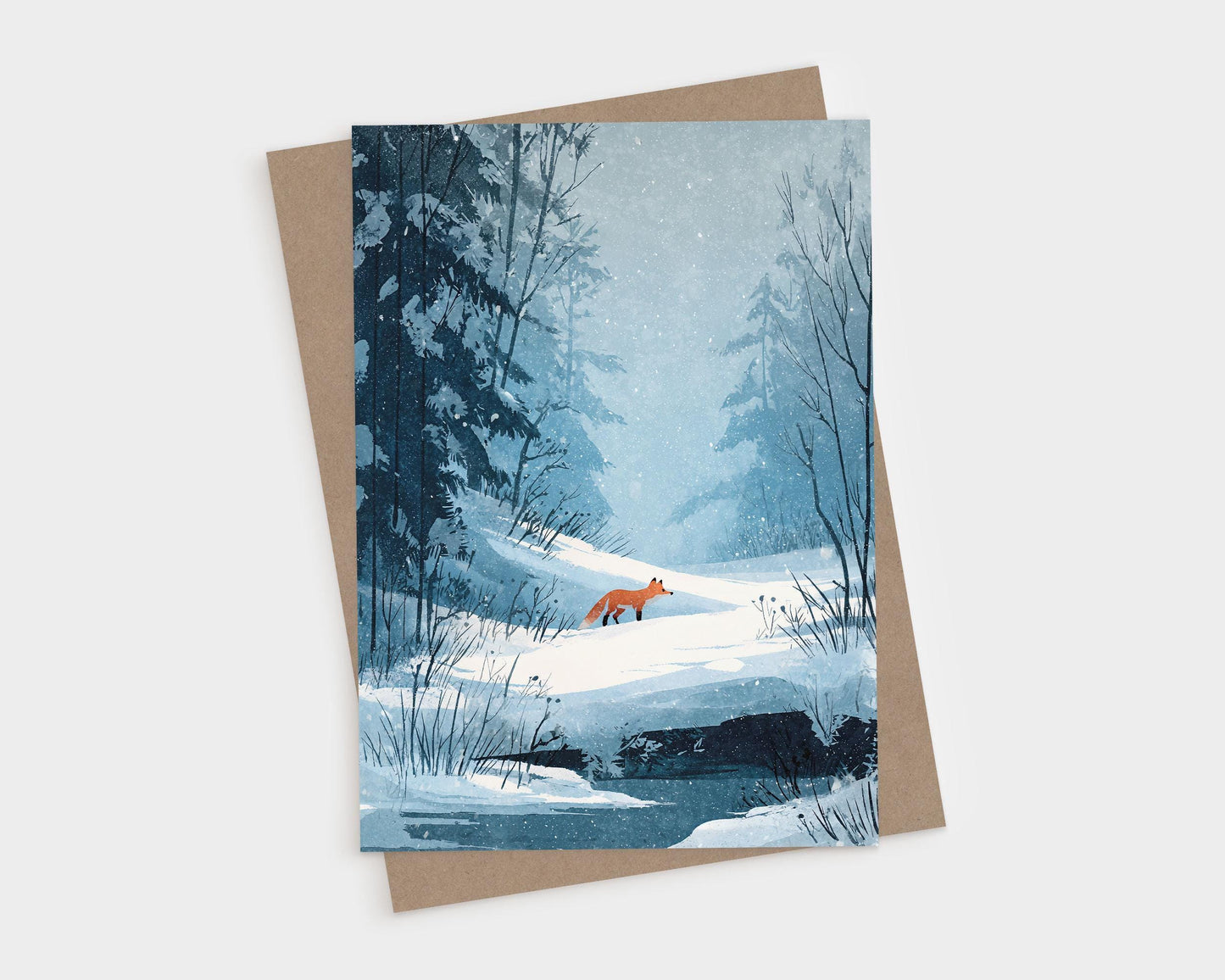 Illustrated winter scene of a red fox walking through a snowy forest. Tall evergreen trees and bare branches frame the background in cool shades of blue, with gentle snowfall and a small frozen stream in the foreground. The art evokes quiet solitude and natural beauty.
