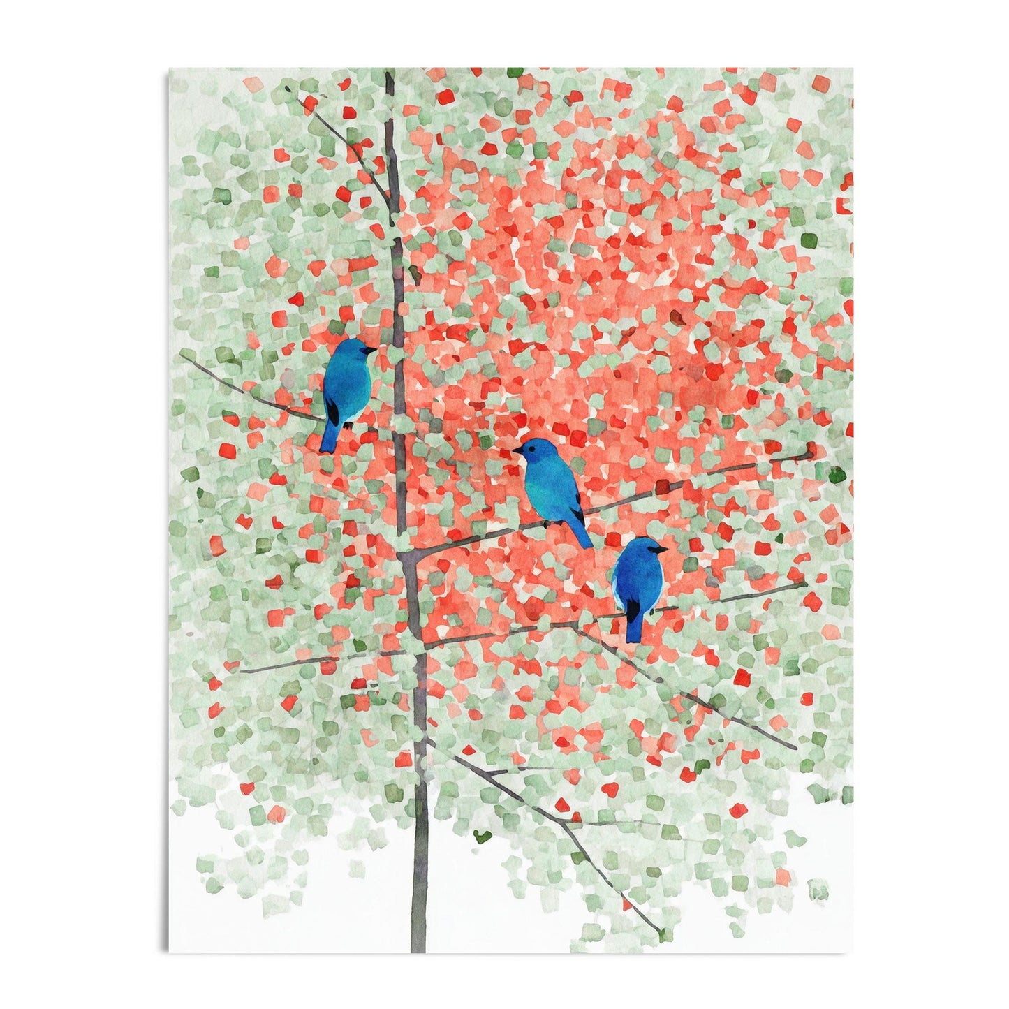 Watercolor art print of three vivid bluebirds perched on slender branches of a maple tree with soft red and green leaves painted in a mosaic, abstract style. The composition blends warm autumn tones with cool blues for a calm, nature-inspired aesthetic.