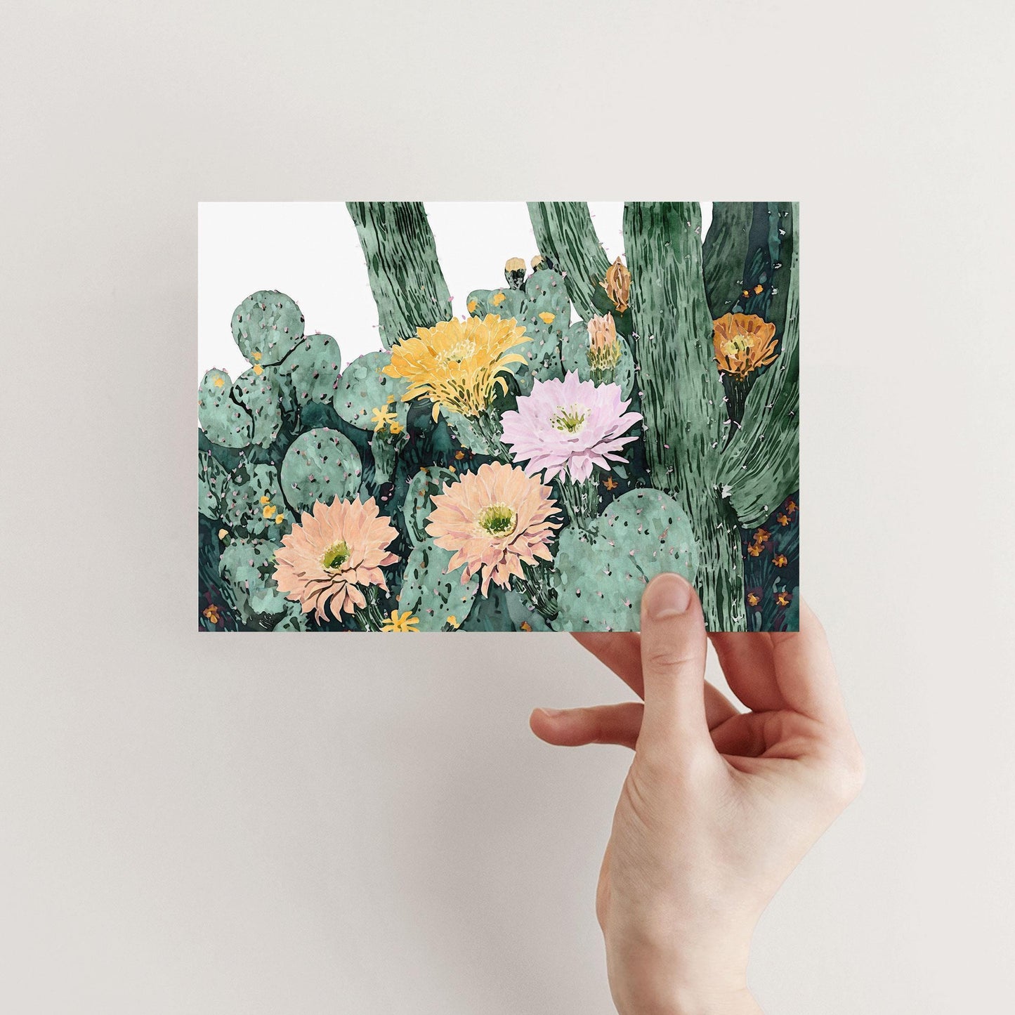 Hand holding a greeting card with a watercolor illustration of desert cacti in bloom, featuring soft peach, pink, yellow, and orange flowers among green cactus pads and tall stems against a white background.
