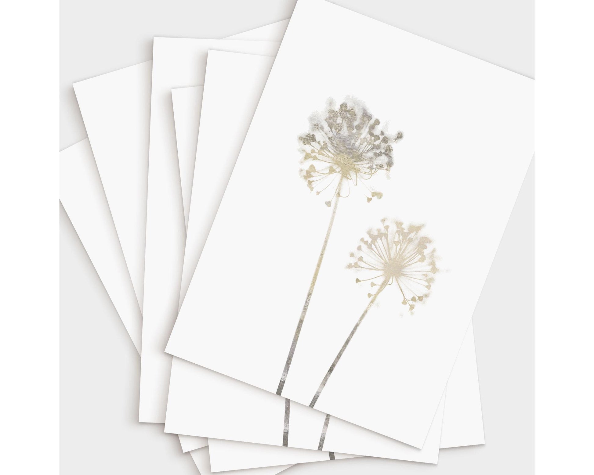 Set of greeting cards fanned out in a stack, each featuring a minimalist design of two soft beige watercolor allium flowers on white cardstock, displayed on a light background.