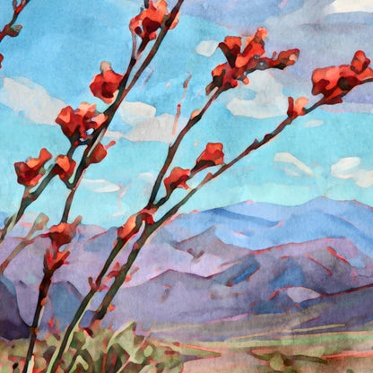 Close-up watercolor painting of red ocotillo blossoms set against a vivid blue sky with soft white clouds and purple desert mountains in the background, capturing the warm, sunlit beauty of a Southwestern landscape.