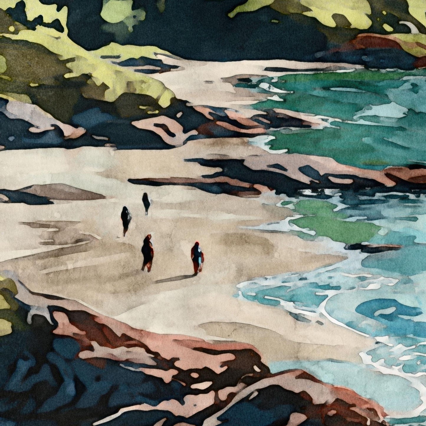 Watercolor-style close-up of a coastal scene showing three small figures walking along a sandy beach, with turquoise waves lapping the shore and rocky cliffs framing the shoreline.