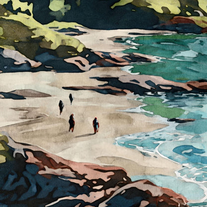 Watercolor-style close-up of a coastal scene showing three small figures walking along a sandy beach, with turquoise waves lapping the shore and rocky cliffs framing the shoreline.
