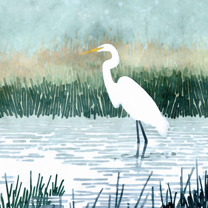 White Egret in Misty Marsh Horizontal Note Cards