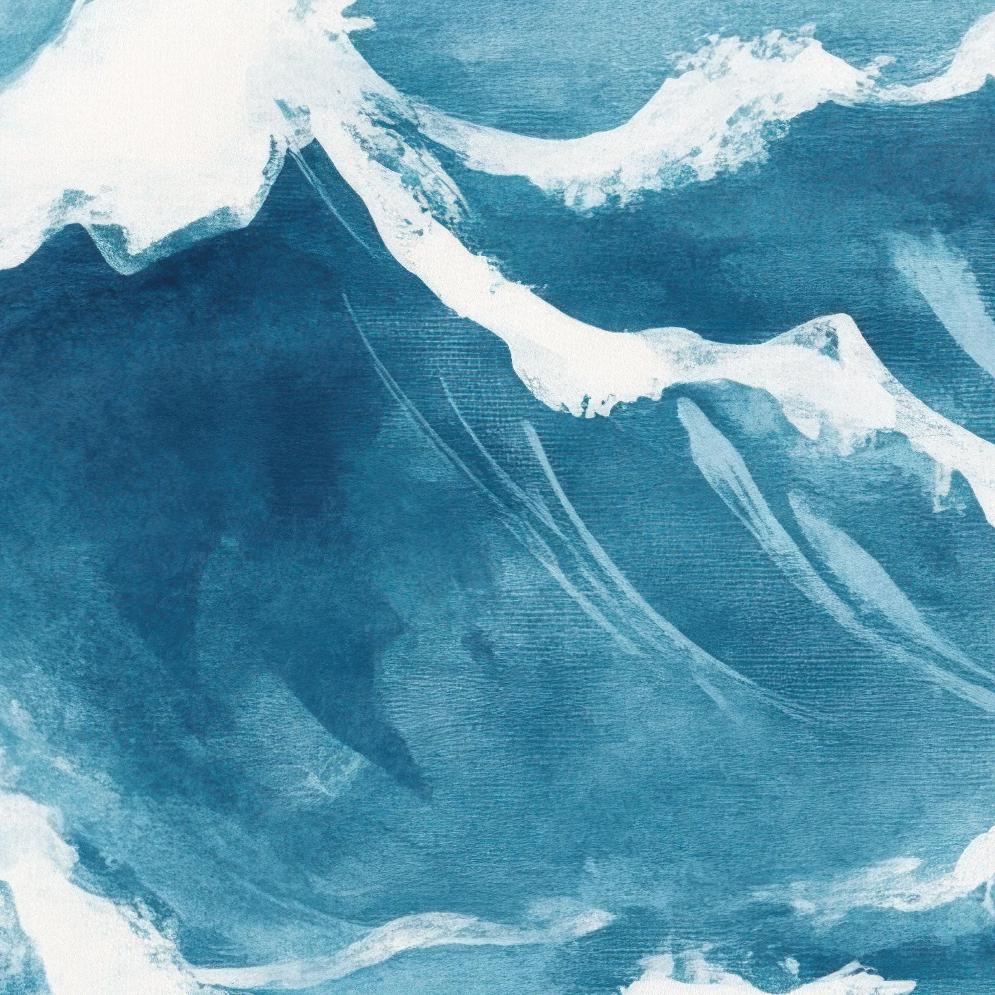 Close-up of a watercolor wave painting, highlighting the fluid brushwork and layered blue tones. Soft textures and white accents capture the motion of cresting waves in vivid detail.