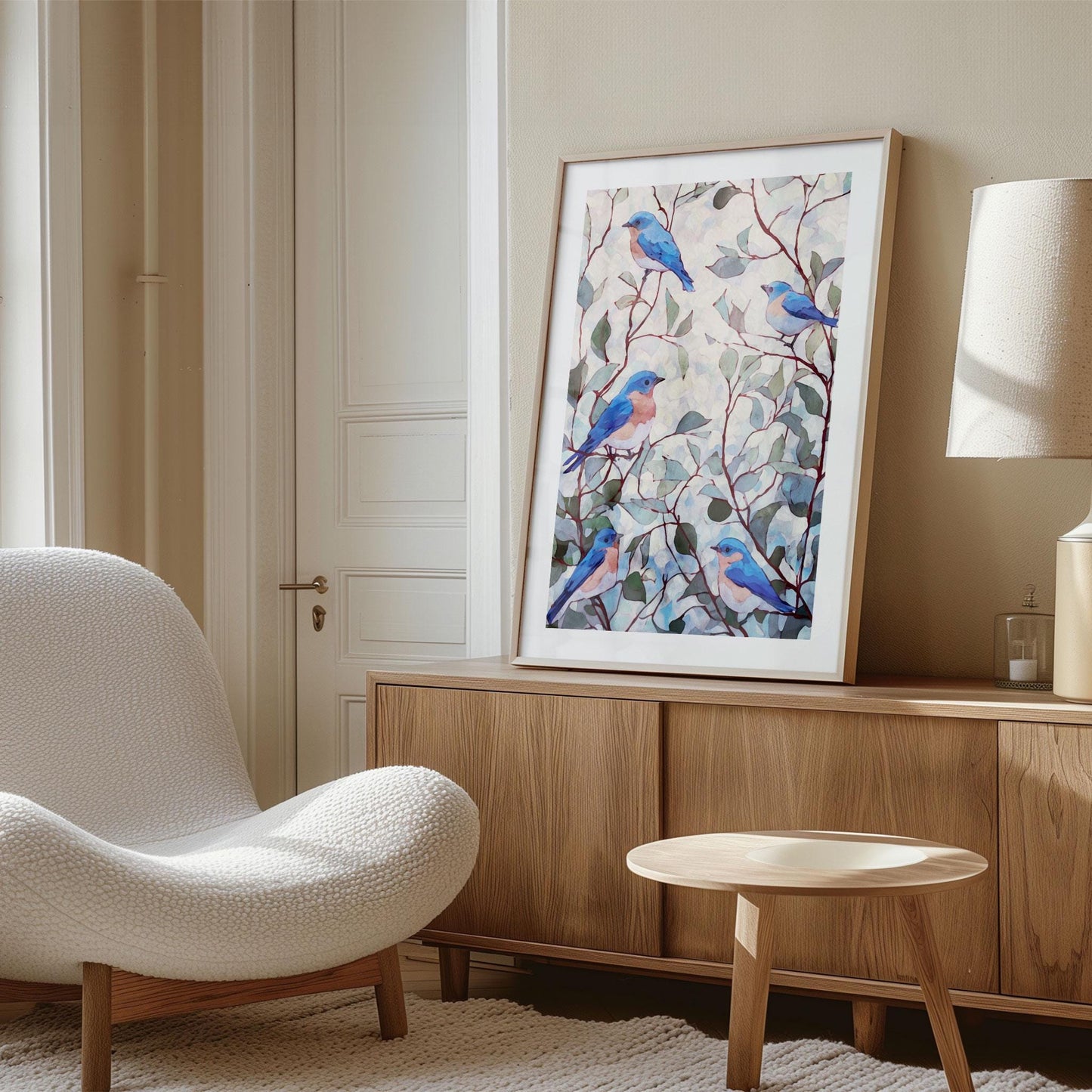 Framed watercolor-style print of bluebirds perched among leafy branches, displayed on a wooden credenza in a softly lit modern living room. The artwork features blue and peach birds with green and teal foliage on a pale background. The space includes a curved white boucle chair, light wood furniture, a neutral rug, and a beige wall, creating a warm, minimalist, Scandinavian-inspired setting.