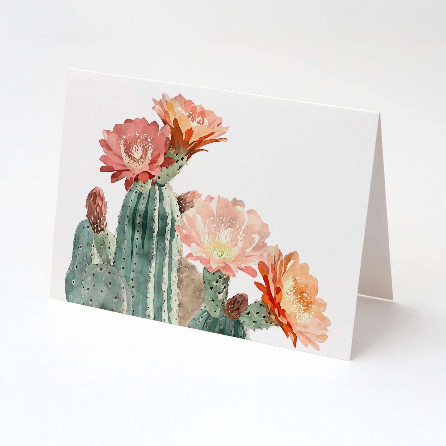 Folded greeting card featuring a watercolor cactus with pink, peach, and orange blooms, displayed upright on a white surface with a clean, minimal background.