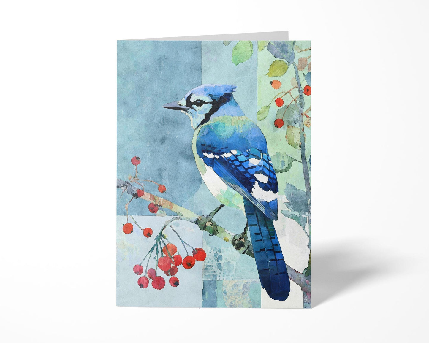 Folded greeting card featuring a watercolor blue jay perched on a berry branch, surrounded by soft blue and green abstract panels and delicate leaves. The vivid blue bird contrasts beautifully with the red berries and muted background, creating a calm, nature-inspired design.