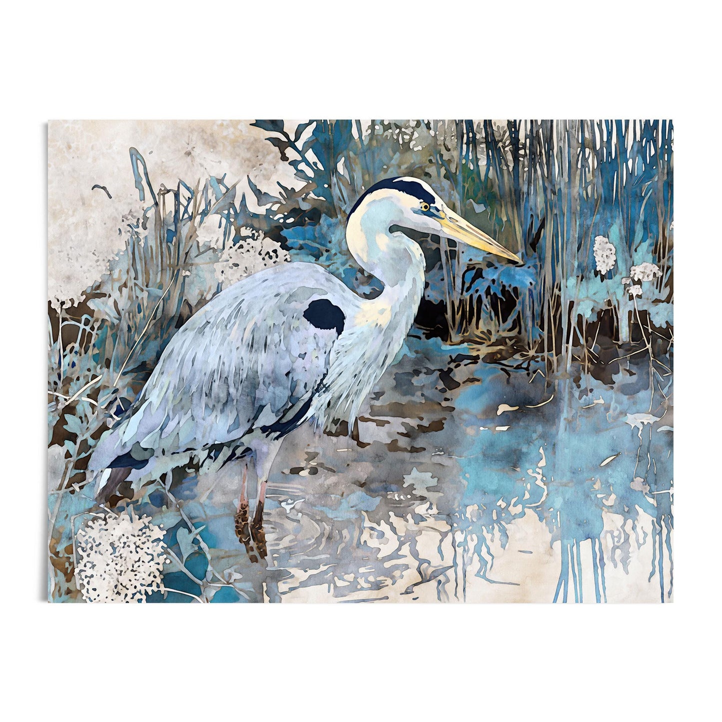 Watercolor-style art print of a heron standing in a marsh with tall grasses and blue-gray reflections in the water, shown on a flat sheet with white background for unframed print display.
