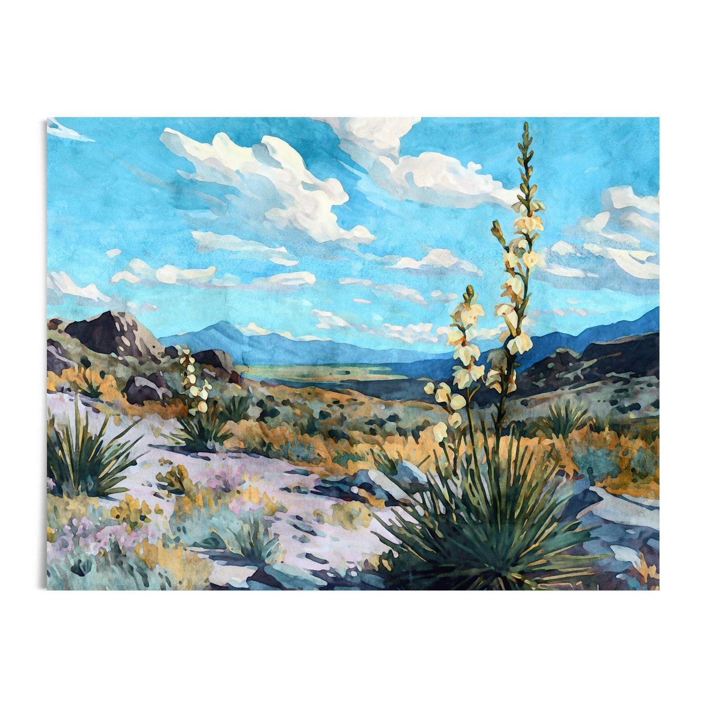 Watercolor-style desert landscape painting depicting yucca plants in bloom, rocky terrain, and mountains under a vivid blue sky with scattered white clouds.