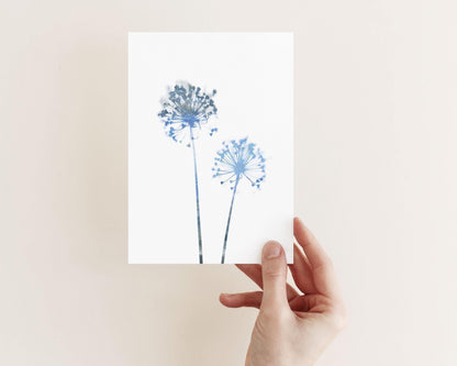 Hand holding a minimalist greeting card featuring two blue watercolor allium flowers on a white background, with soft shadows against a pale beige wall.