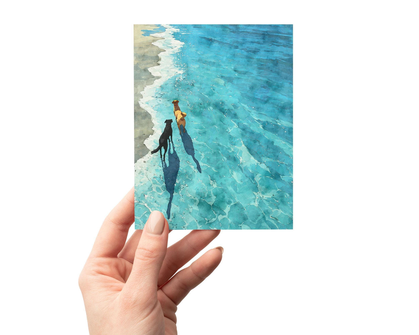 Hand holding a greeting card with a watercolor-style illustration of two dogs walking along the shoreline, casting long shadows in the clear turquoise water. The beach scene features soft waves and shimmering reflections, evoking a peaceful summer moment.