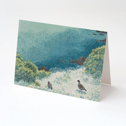 Folded greeting card standing on a white surface, featuring an illustration of two quail in a grassy coastal landscape with layered textures in blue, green, and yellow tones. The angle highlights the card’s clean fold and blank interior.